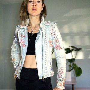 Blank NYC Sitting Pretty Floral Embroidered Denim Moto Jacket, Medium - VGUC